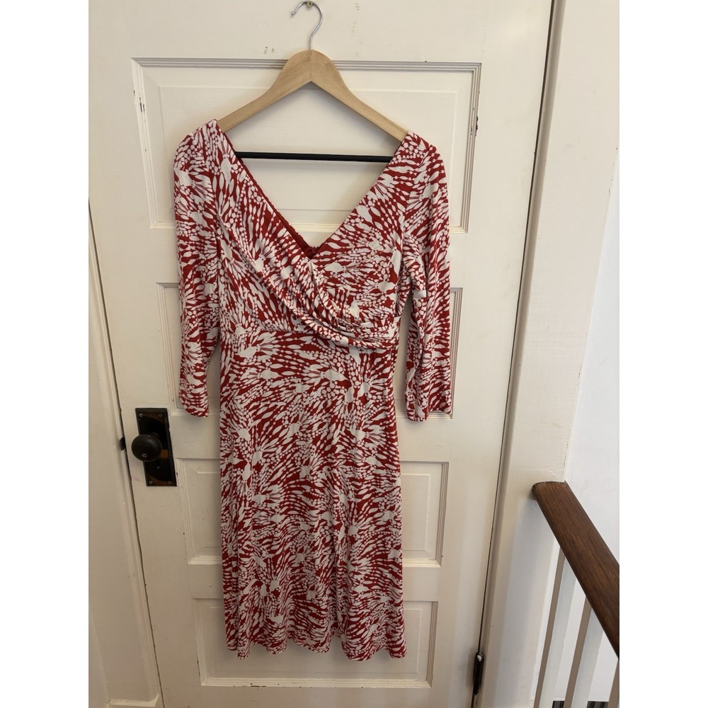 David Meister Women's Red White Patterned 3/4 Sleeves V-Neck Dress Lined‎ Size 8